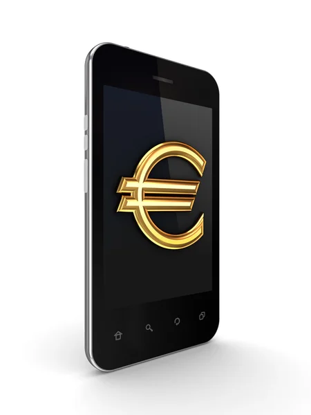 Telefone celular com sinal de euro dourado em uma tela . — Fotografia de Stock