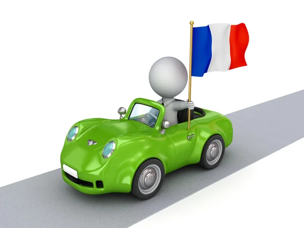 3D liten person på orange bil med fransk flagg. — Stockfoto