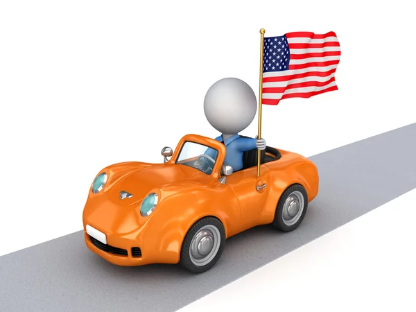 Amerikan bayrağı ile turuncu araba 3D küçük kişi. — Stok fotoğraf