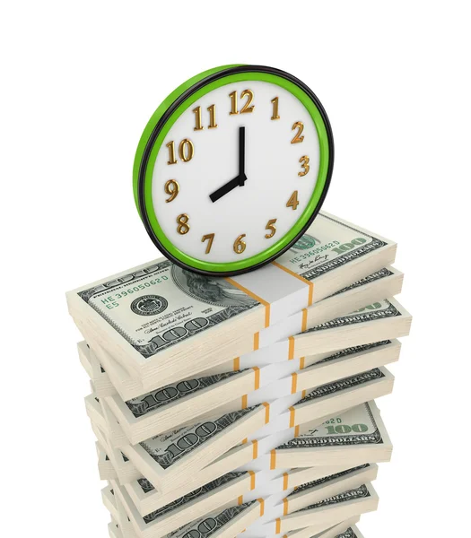 Reloj verde en un gran paquete de dólares . — Foto de Stock