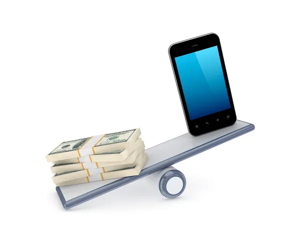 Paquetes de dólares y teléfono móvil en una balanza . — Foto de Stock
