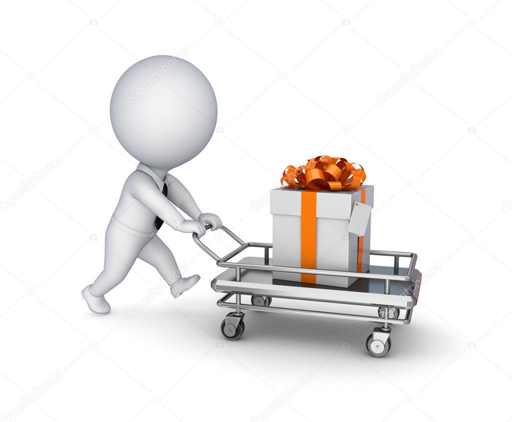 3d small person, shopping trolley and gift box
