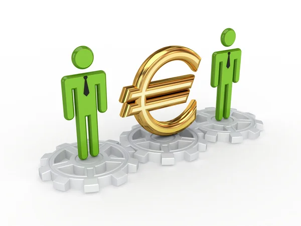 3D malý stojící na Ozubená kola a symbol měny euro. — Stock fotografie