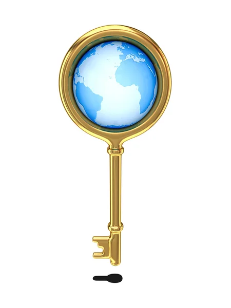 Clé dorée avec un globe à l'intérieur . — Photo