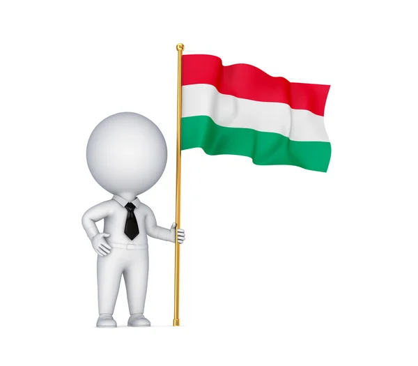 .3D liten person med en ungersk flagga i en hand. — Stockfoto