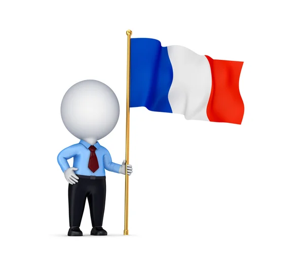 3d persona pequeña con una bandera francesa en una mano . — Foto de Stock