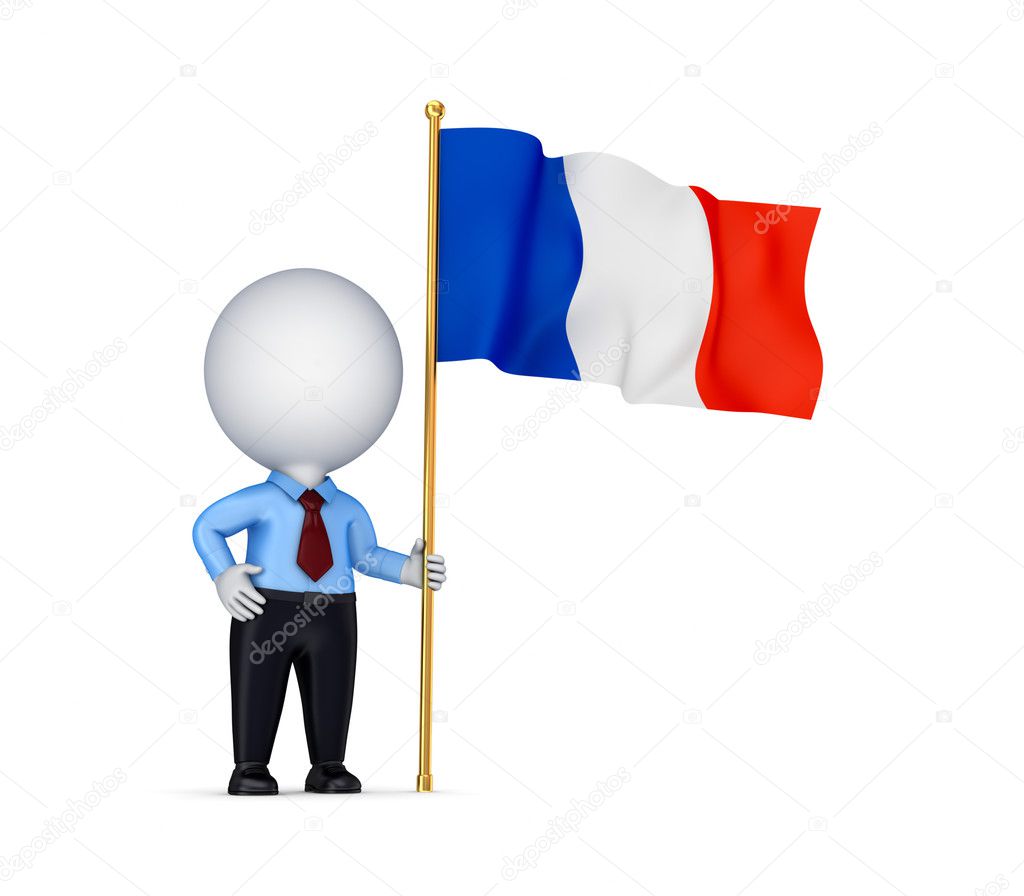 3d small person with a French flag in a hand.