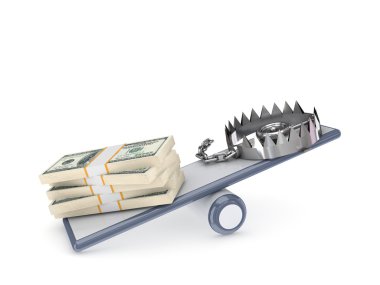 Dollar packs and iron trap on a simple scales. clipart