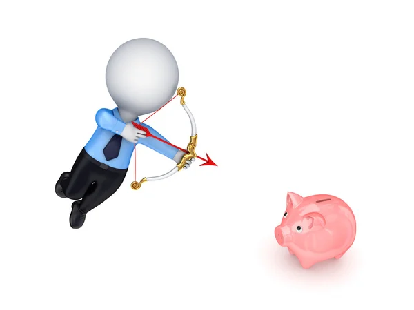 3d small person shooting a pink piggy bank. — Stock Photo, Image