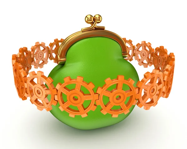 Colorful gears around big purse. — Stock Photo, Image