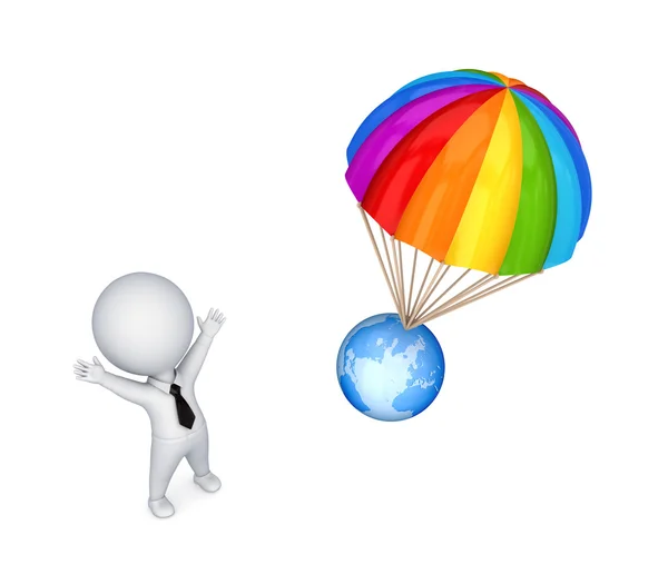 3d piccola persona e paracadute colorato . — Foto Stock