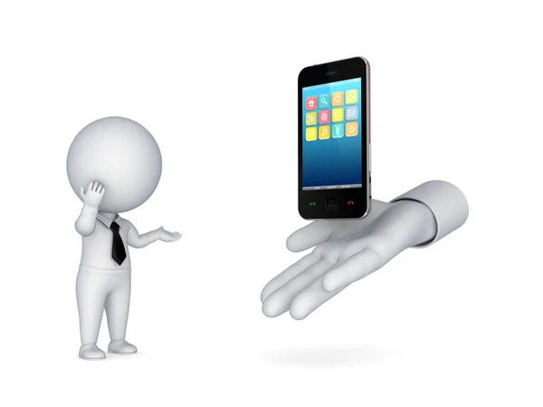 3D-kleine persoon op zoek naar een moderne mobiele telefoon. — Stockfoto