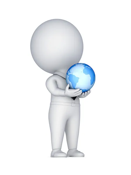 3D kleine Person mit einem Globus in der Hand. — Stockfoto