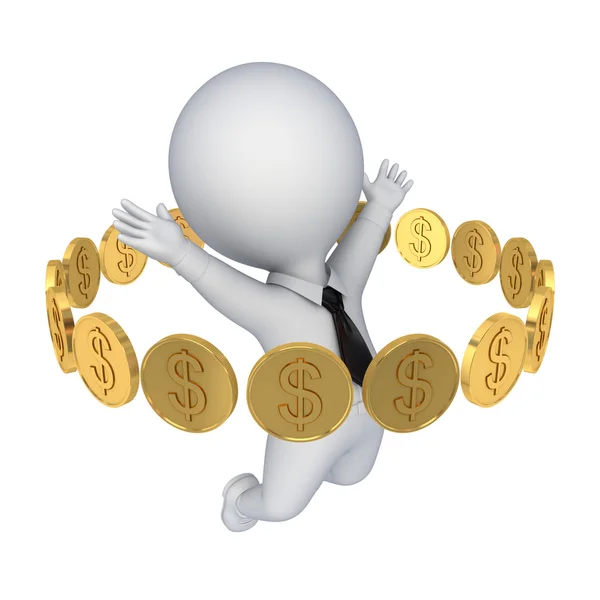 Gouden munten rond gelukkige 3d kleine persoon. — Stockfoto