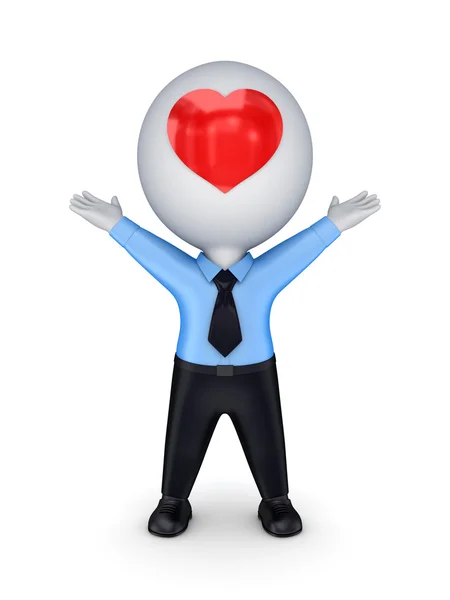 3d small person with red heart on a face. — Stock Photo, Image