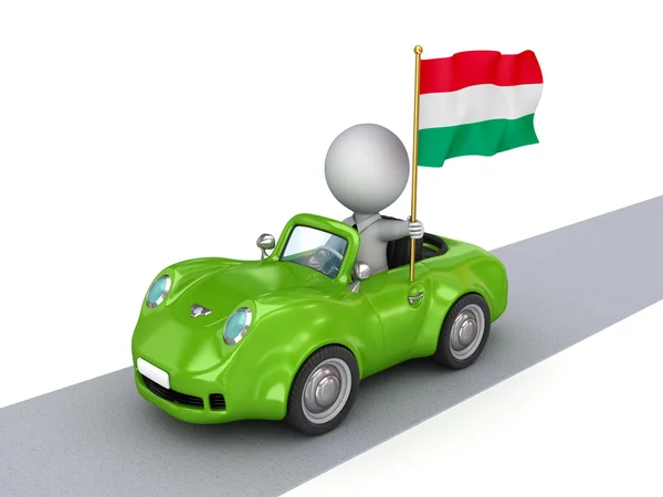 3D małego człowieka na pomarańczowy samochód z węgierskiej flagi. — Zdjęcie stockowe