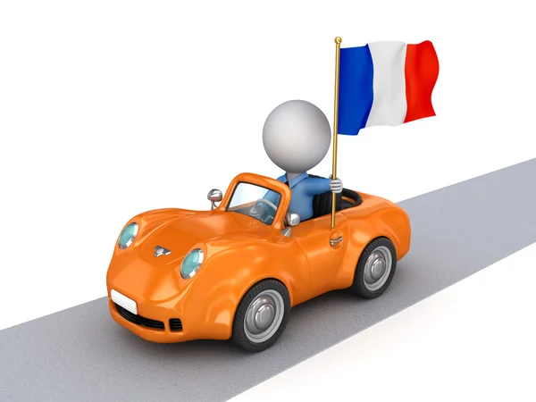 3D küçük kişi ile turuncu araba Fransız bayrağı. — Stok fotoğraf