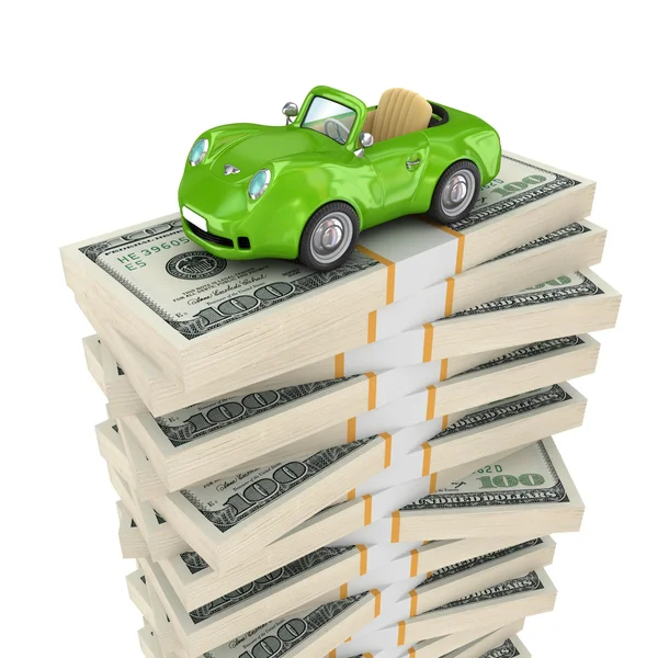 Kleines grünes Auto auf einer großen Packung Dollars. — Stockfoto