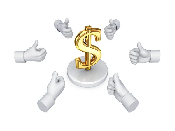 Τα χέρια με τους αντίχειρες επάνω γύρω από το σύμβολο του δολαρίου. — Φωτογραφία Αρχείου