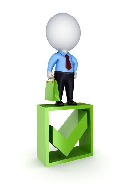 3d small person standing on a green tick mark. — Stockfoto