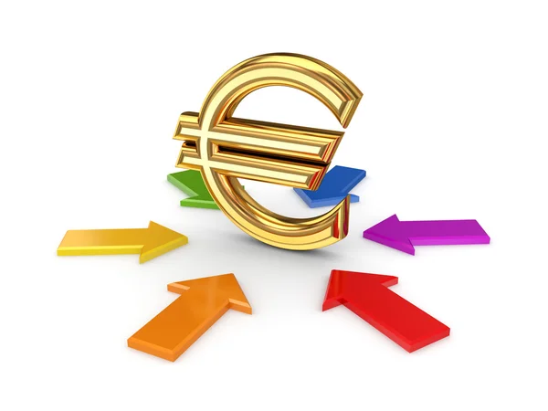 Barevné šipky kolem symbolu měny euro. — Stock fotografie