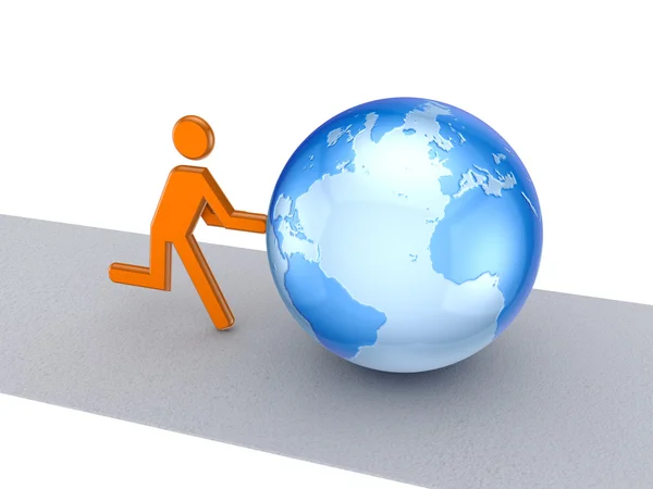 3d small person pushing a globe. — Stock Photo, Image