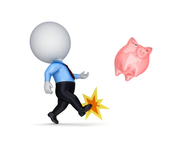 3d small person kicking a piggy bank. — Stock Photo, Image