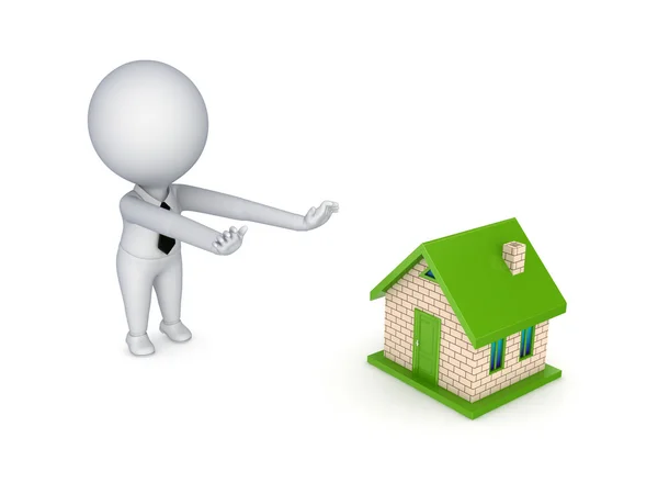 3D osoba tahem rukou na malém domku. — Stock fotografie