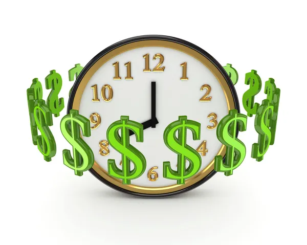 Signos de dólar alrededor de reloj verde . — Foto de Stock
