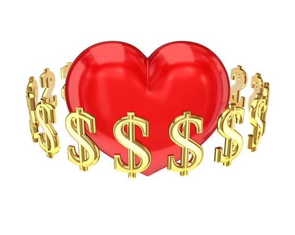 Signos de dólar alrededor del corazón rojo . — Foto de Stock
