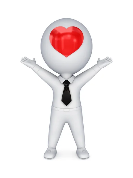 3D-kleine persoon met rood hart op een gezicht. — Stockfoto