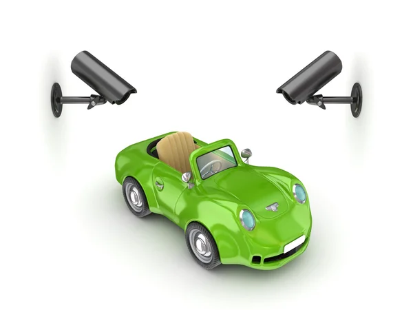 Gözetleme kameraları ve yeşil küçük otomobil. — Stok fotoğraf