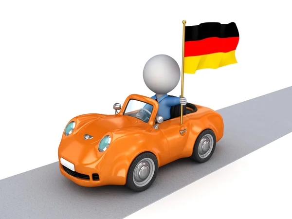 3D małego człowieka na pomarańczowy samochód z niemiecką banderą. — Zdjęcie stockowe