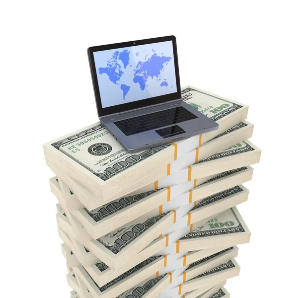 Modern notebook on a big stack of dollars. — Stock Photo, Image