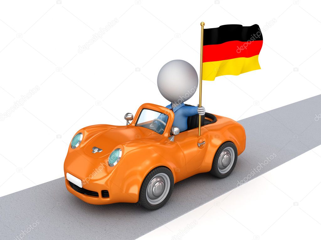 3d small person on orange car with German flag.