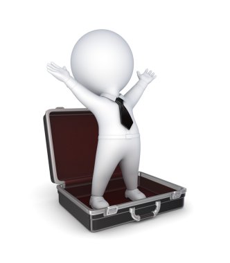 3d small person in opened suitcase. clipart