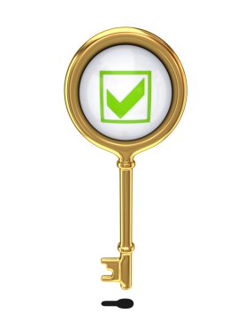 Golden key with a green tick mark. clipart