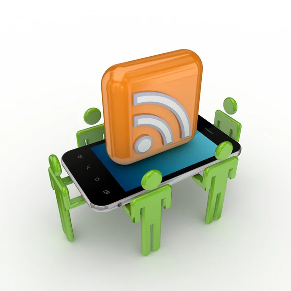 3d pequeno, telefone celular e símbolo RSS . — Fotografia de Stock