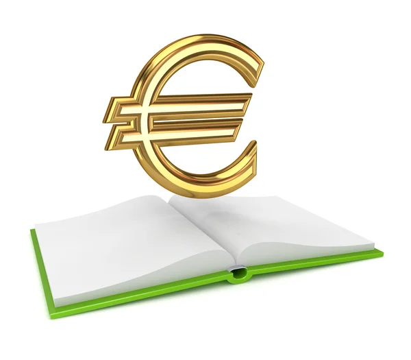 Aufgeschlagenes Buch und goldenes Eurozeichen. — Stockfoto