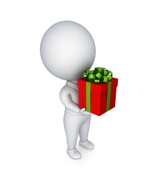 3D liten person med en presentförpackning i ett händer. — Stockfoto