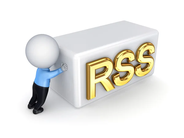 3d small person pushing a word RSS — Stock Photo, Image