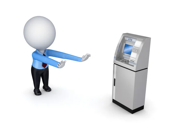 3d kleine Person, die Hände zum Geldautomaten zieht. — Stockfoto