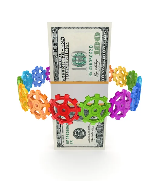 Colorful gears around dollar pack. — Stock Photo, Image