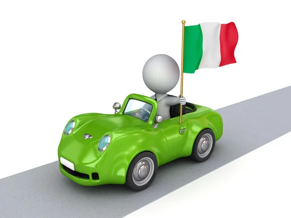 3D-kleine persoon op oranje auto met Italiaanse vlag. — Stockfoto
