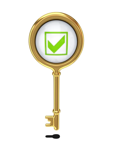 Golden key with a green tick mark. — Stock Photo, Image