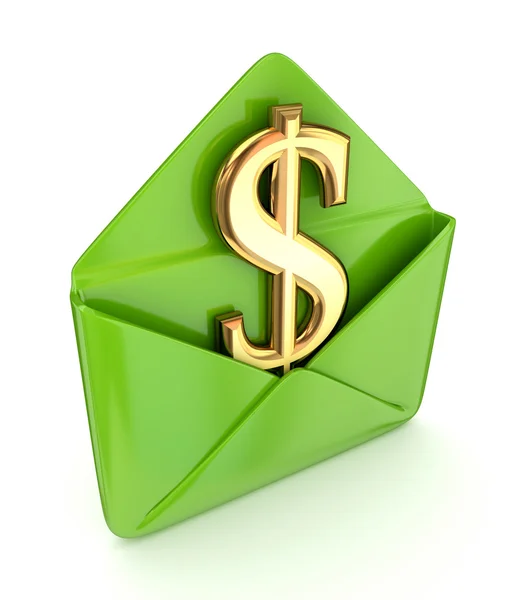 Znak dolaru v obálce, zelený. — Stock fotografie