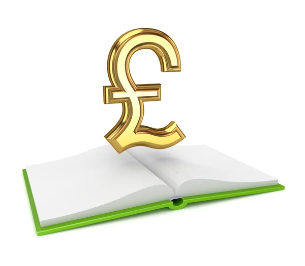 Aufgeschlagenes Buch und goldenes Pfund Sterling-Zeichen. — Stockfoto