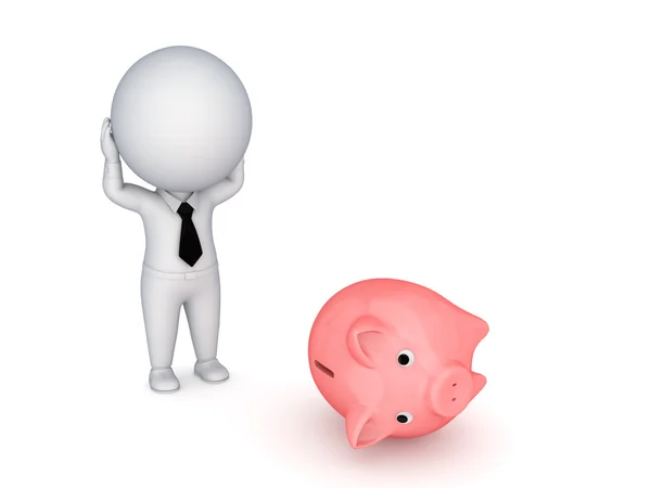 Stressed 3d small person and piggy bank — Stock Photo, Image
