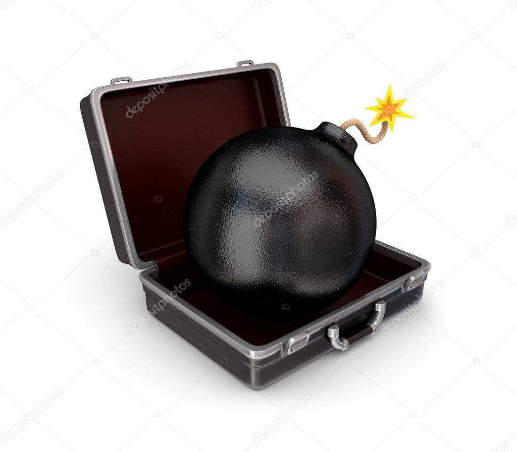 Stylized bomb in a suitcase.