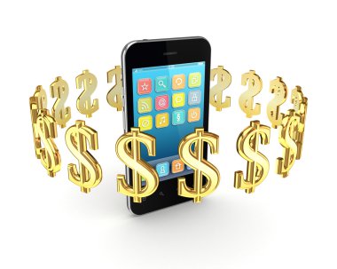 Dollar signs around modern mobile phone. clipart